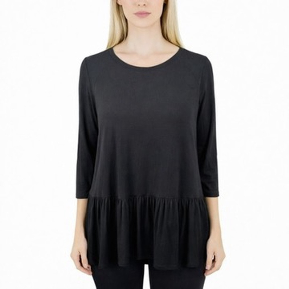 Boden Black Stretch Knit Top Peplum Pleat Flounce Hem 3/4 Sleeves A-line Size L